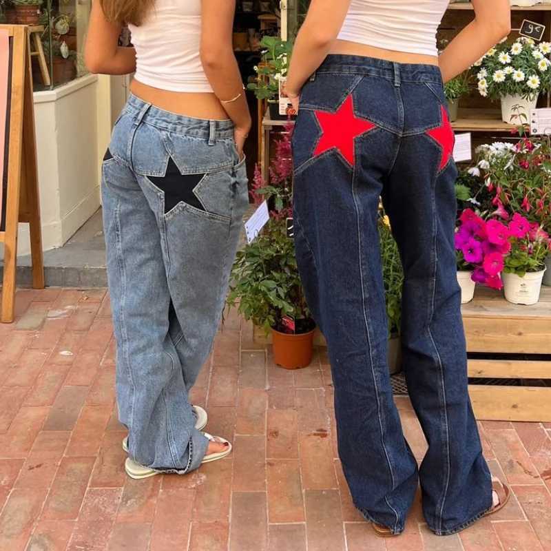Classic Straight Jeans Women Spliced Five-pointed Star Low Waist Denim Pants Fall Winter 2025 Spice Girl Street Style Y2k JeansT260310