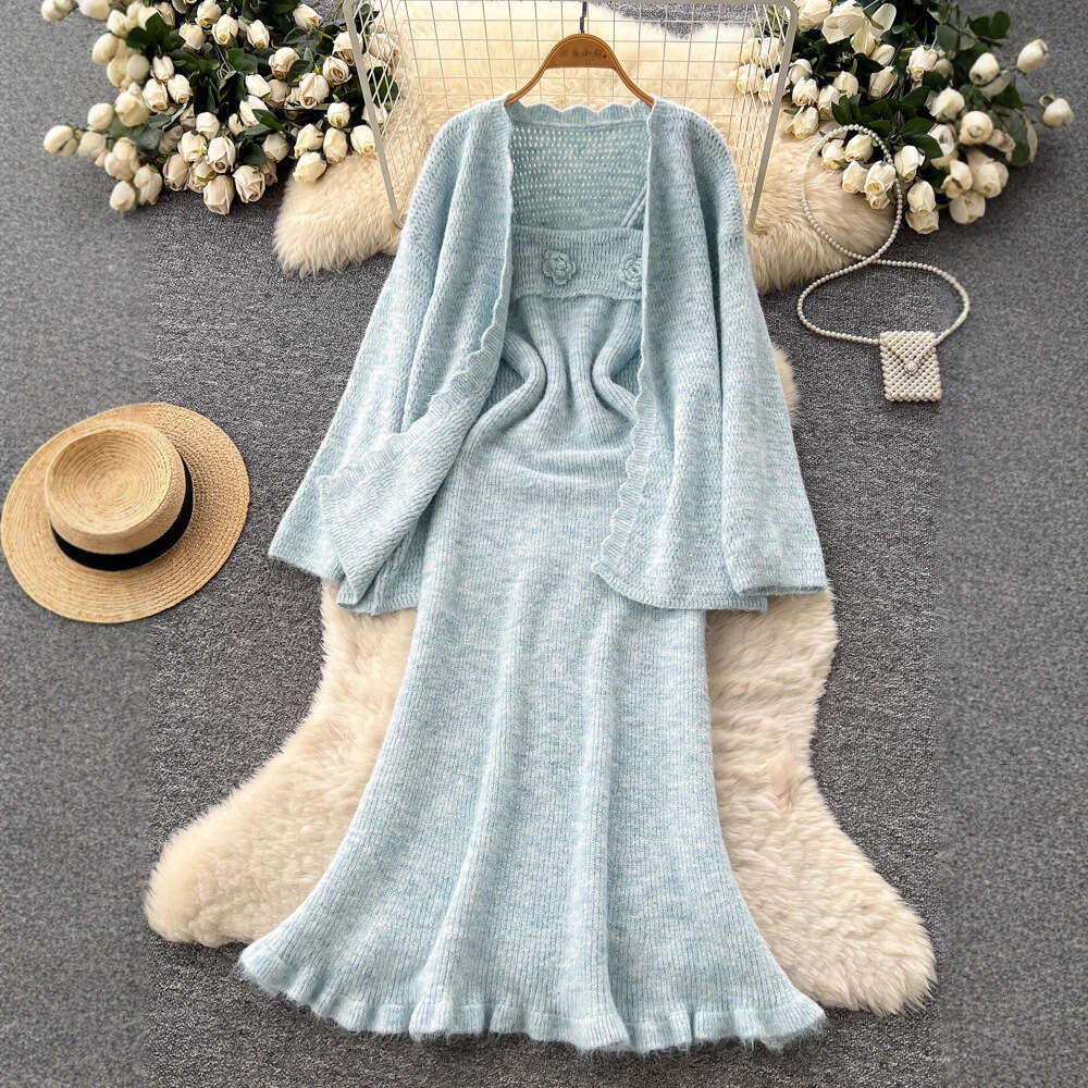 Gentle style women's autumn and winter clothing three-dimensional flower waist belt knitted dress loose jacket 2026