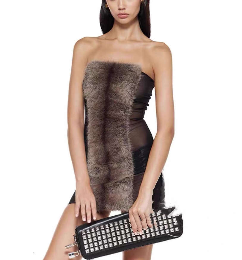 2026 New European and American Fashion Sexy Strapless Fur Splicing Mesh Transparent Design Slimming Mini Dress