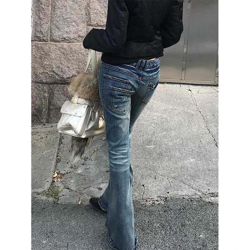 Women Vintage Blue Low Rise Flared Jeans Denim Pants American Retro Slim 90s Bell Bottom Y2k Harajuku Kpop Trousers M260310