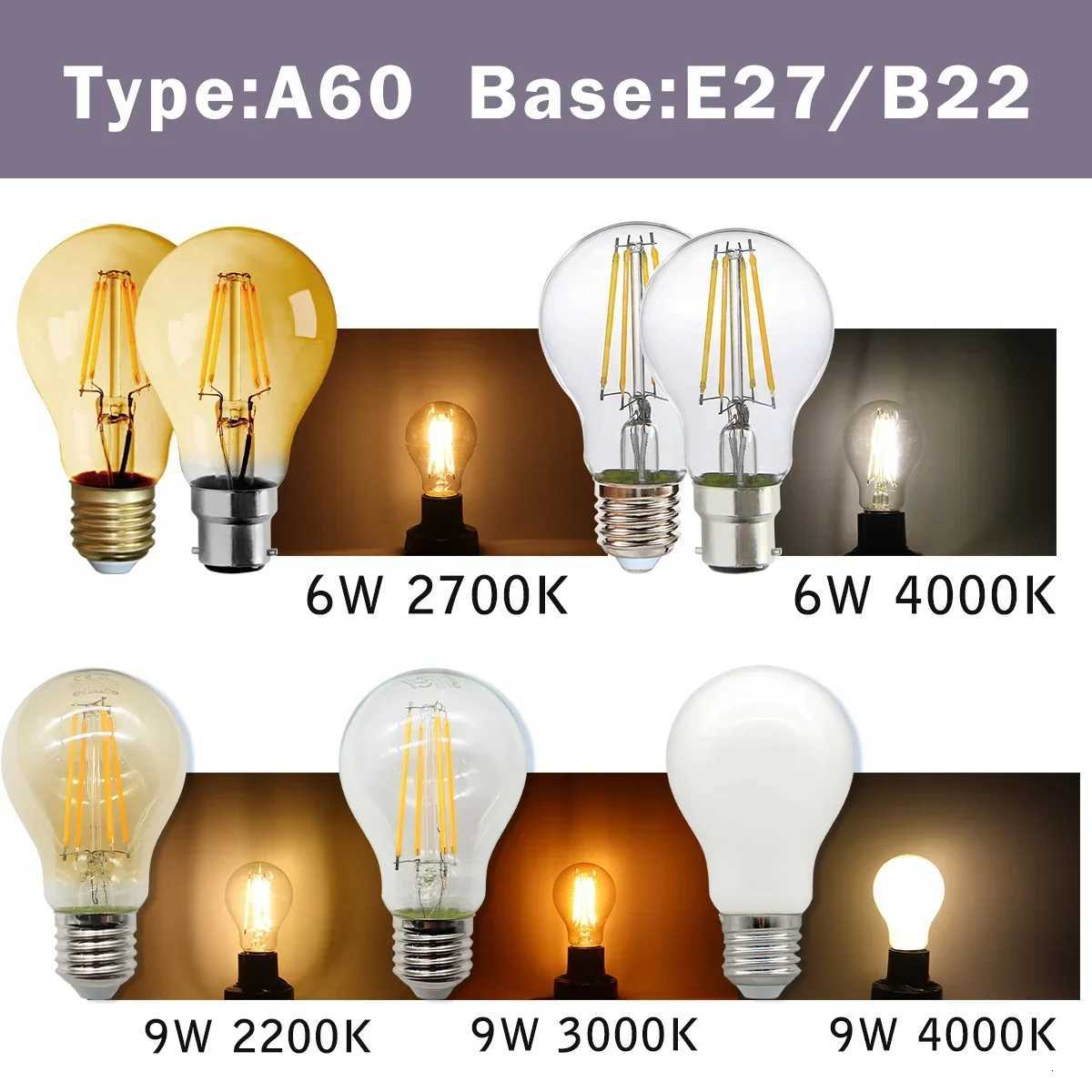 2PCS LED Filament Bulb E14 E27 C35 C35T ST64 G80 A60 220V 4W 9W Warm White Glass 360 Degree Edison Retro Candle Light Blubs H260310