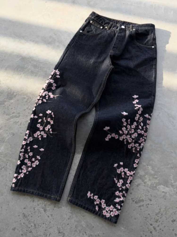 Unisex Jeans Harajuku European American Streetwear Embroidered Denim Pants Vintage Floral Loose Fit Straight Wide Leg Casual New M260310