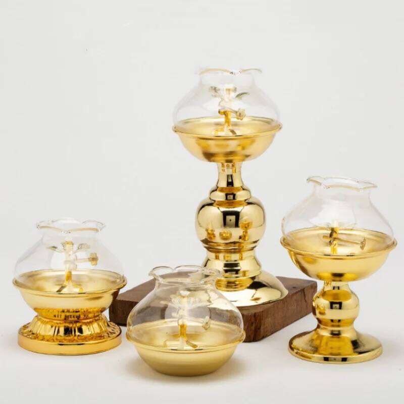 Golden Oil Lamp For Buddha With Glass Windproof Cover,Metal Buddhist Lantern Burner,Religious Candlestick Item H260310