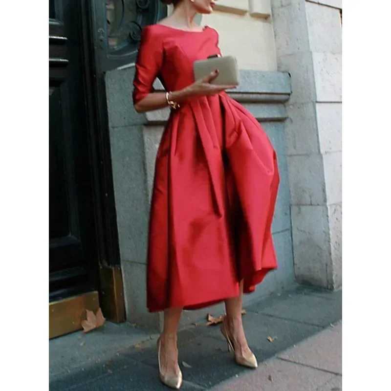 Womens A-Line Long Slve Dress 2026 Half Slves O-Neck Pleated Elegant Classical Evening Christmas Urban Lady Midi Dresses X260310 - view 3