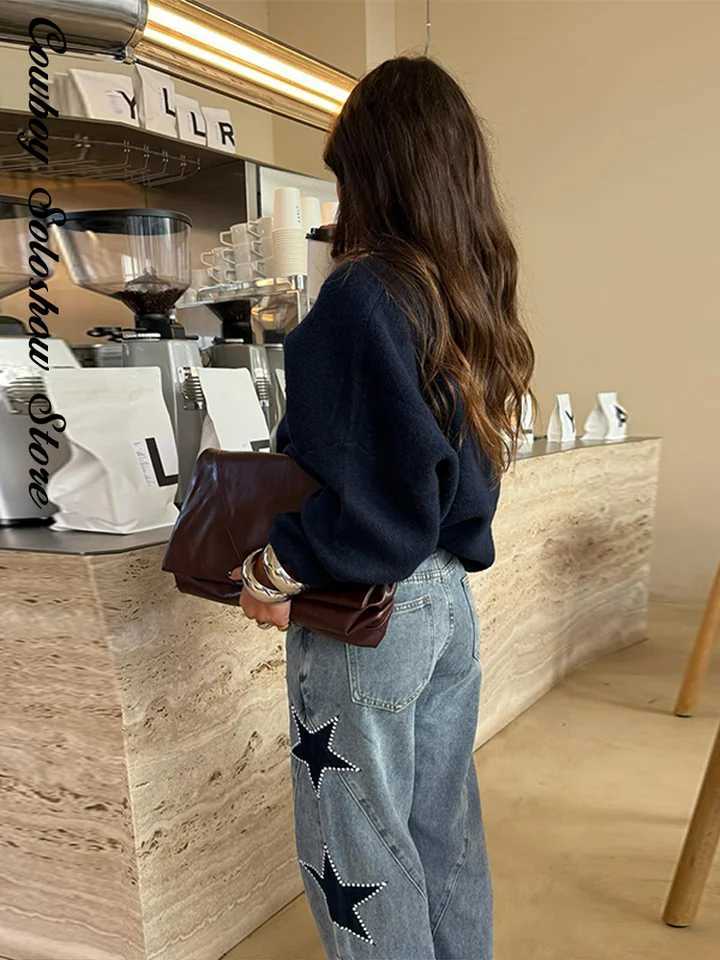 Female Vintage Leather Pocket Jeans Women Blue Zipper Straight Loose Trousers Lady New Fashion Daily Casual Spring Pants 2026T260310