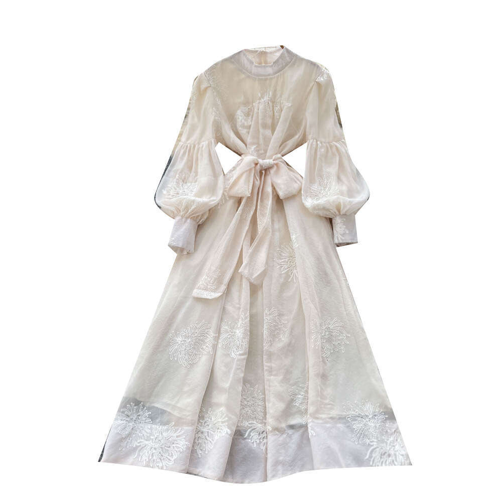 French elegant women's dress autumn series high-end tie waist lantern sleeves exquisite embroidery big hem