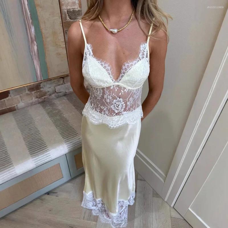 Casual Dresses Sleeveless Lace Patchwork Sling Dress Women Backless Off Shoulder See Through V-neck Slim Maxi Vestidos Lady Vacation