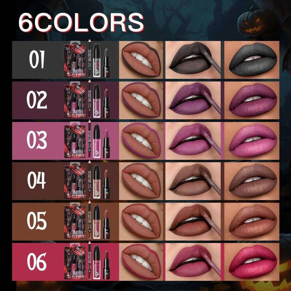Long Lasting Velvet Lipstick Set Matte Non Transfer Waterproof Lip Gloss Liner Combo High Color Intensity Halloween Makeup Z260310