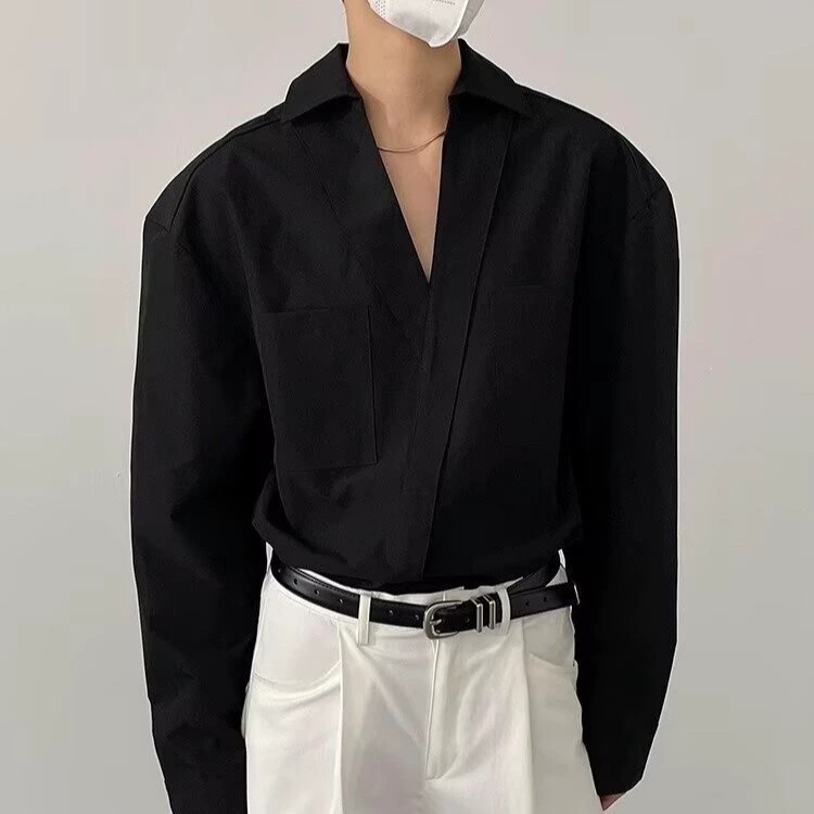 Spring And Autumn -style Fashionable Minimalist V-neck Designer Shirt High-end Design Pullover Long-sleeve For Men Loose-fitting Trendy - view 3