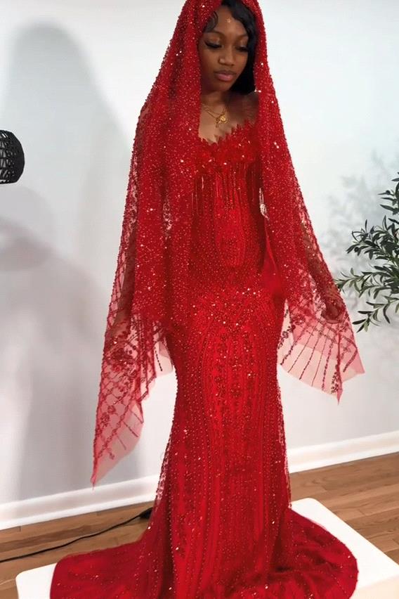 Luxury Red Mermaid Strapless Beaded Prom Dress with Veil For Black Girls 2026 Evening Gala Gowns Robe de soiree Lux BC22059