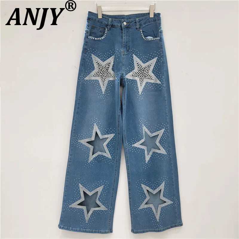 ANJY Autumn New Women Jeans Heavy Craft Studded Diamonds Hollow Out Star Straight High Street Trendy Denim Wide Leg Pants A10277T260310