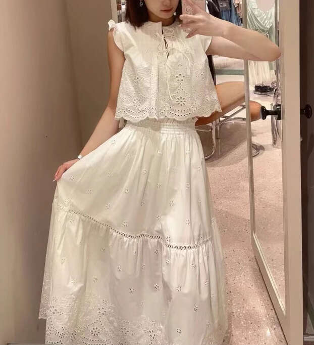 2026 Spring and Summer New Designer Hollow Embroidery Ruffle Sleeve Women's Shirt Skirt Set