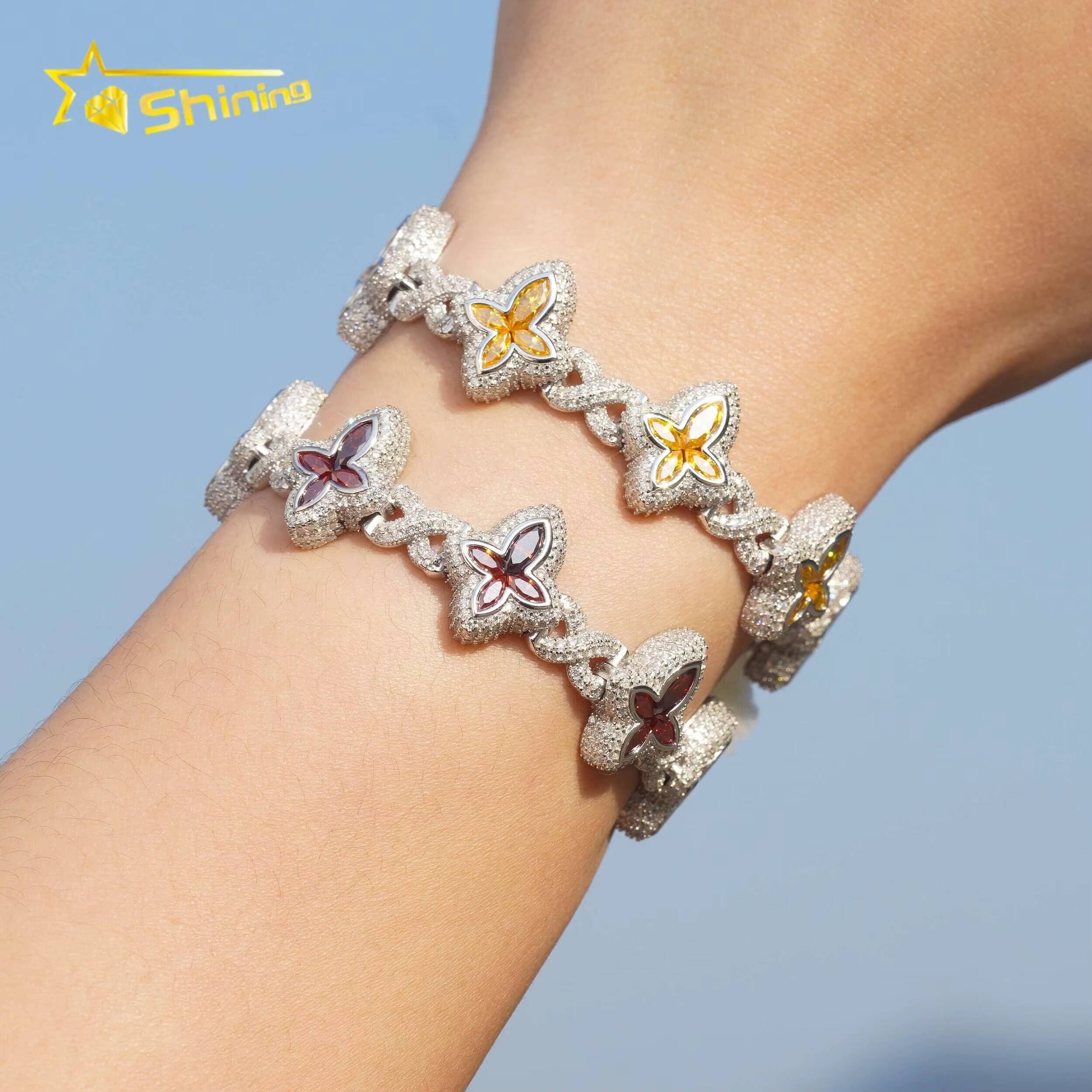 Pass Diamond Tester Colors Moissnaite Flower 15mm Mens Cuban Bracelet S925 Gold Plated Luxury Cuban Link Chain Hip Hop Jewelry