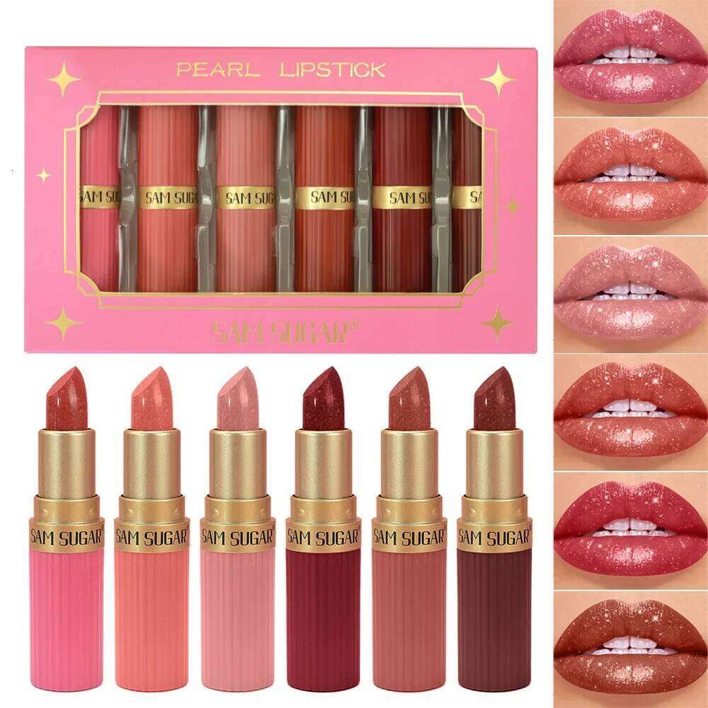 6pcs/set Diamond Pink Chocolate Brown Metallic Glitter Lipstick Long-Lasting Shimmer Pearl Sparkling Lip Gloss Makeup Z260310