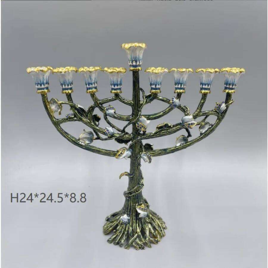Jewish Hanukkah Temple of God Menorah, Jerusalem Gurdwara Candlestick alloy copper enamel colored holiday party, 9 branches H260310
