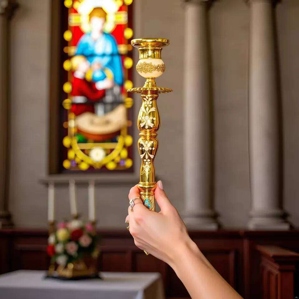 New Ornate Gold Plated Orthodox Christian Handheld Holder Liturgical Church Candle Stand with Intricate Carvings Box Gift H260310