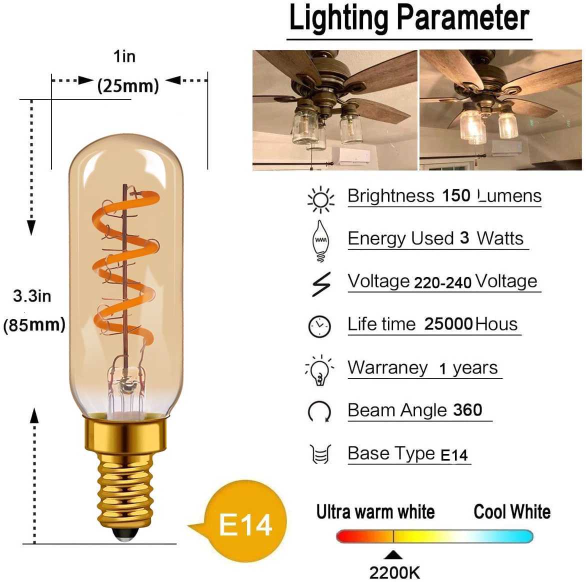 Edison Spiral Light LED Bulb E14 LED Light T25 4W Cooker Hood Filament Lamp Extractor Fan Bulb Warm White Dimmable Lighting 220V H260310