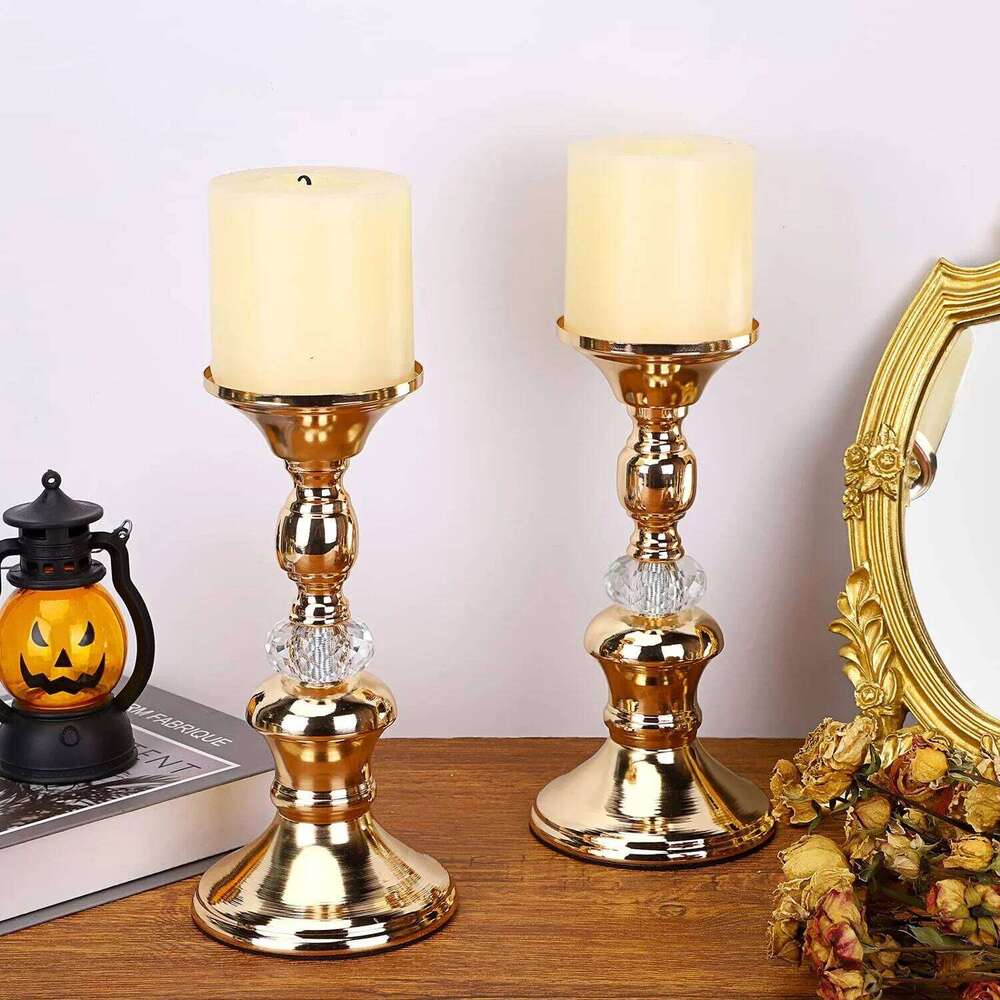 Set of 3 Sizes Gold Candlestick Vintage Holders Elegant Metal Crystal Pillar Candle Stands H260310