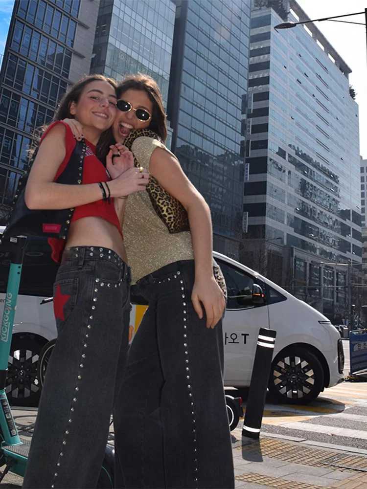 Trendy Womens Denim Jeans Pant High Waist Baggy Pants With Bead Studs Y2K Style High Street Jeans Female Casual Chic TrousersT260310