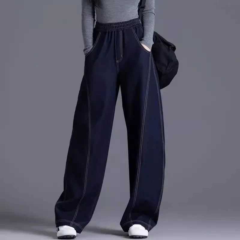 High waisted Womens Casual Jeans 2025 Spring Autumn new Loose Elastic waist Denim Wide leg pants Lady Curved knife Pants M260310