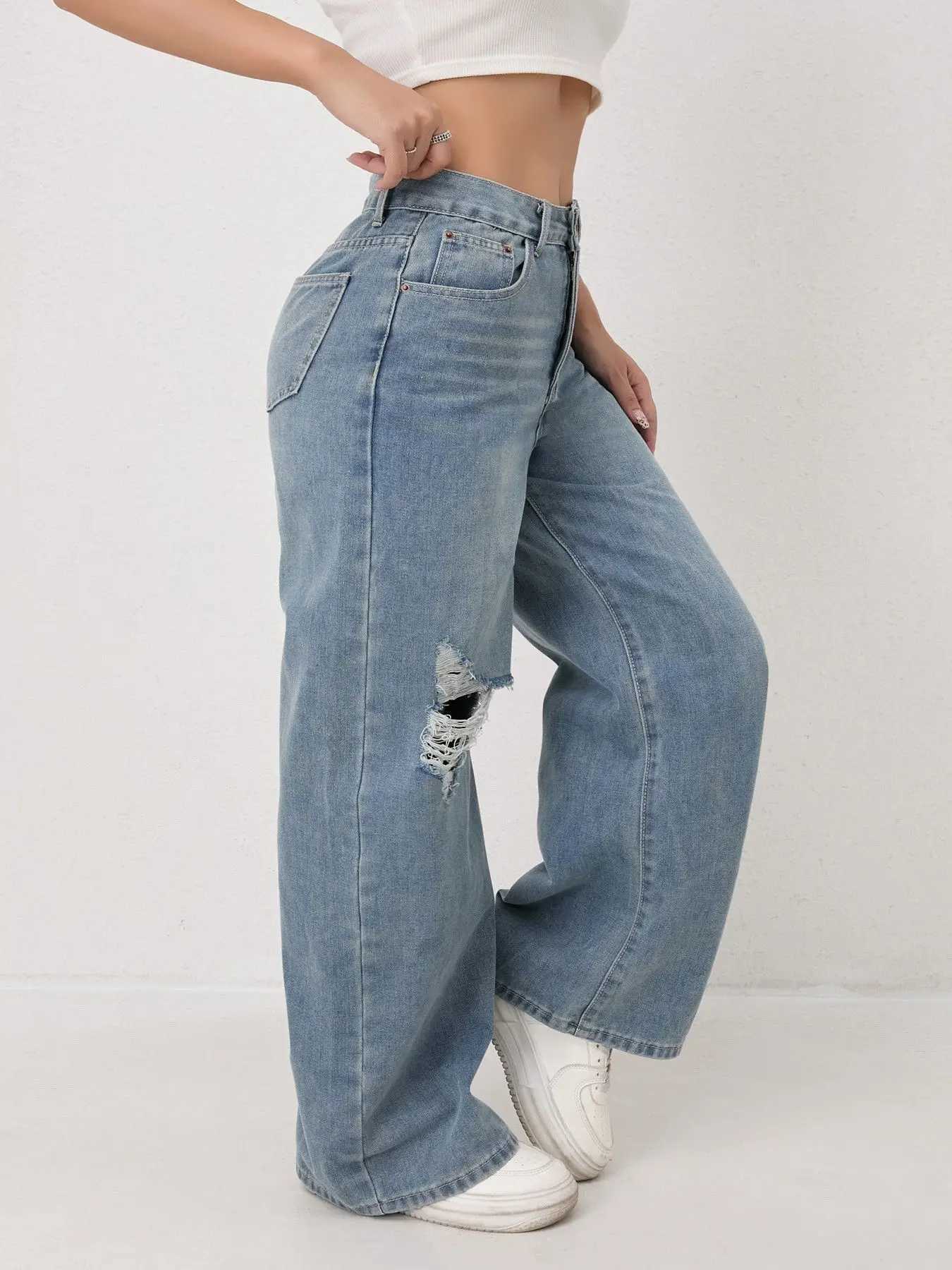 European and N Style Loose Leg Straight-leg Jeans with Holes Women Comfortable Fashion All-matching Trend Jeans M260310