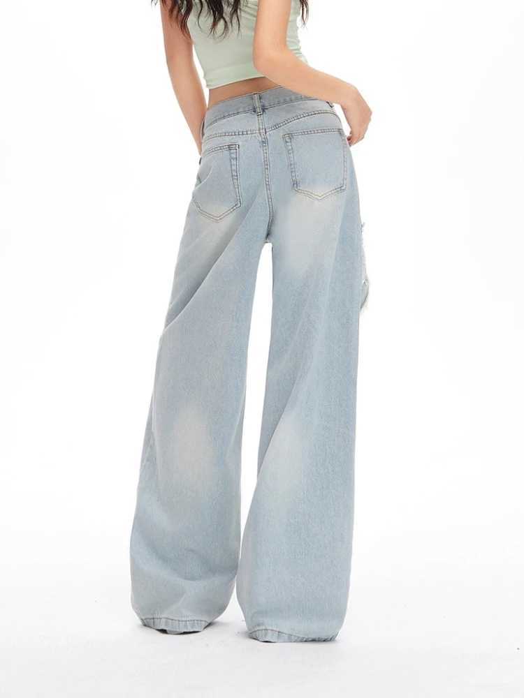 Womens Blue Baggy Y2k Jeans Vintage 90s Aesthetic Patchwork Cowboy Pants Harajuku Denim Trouser Streetwear 2000s Trashy Clothes M260310