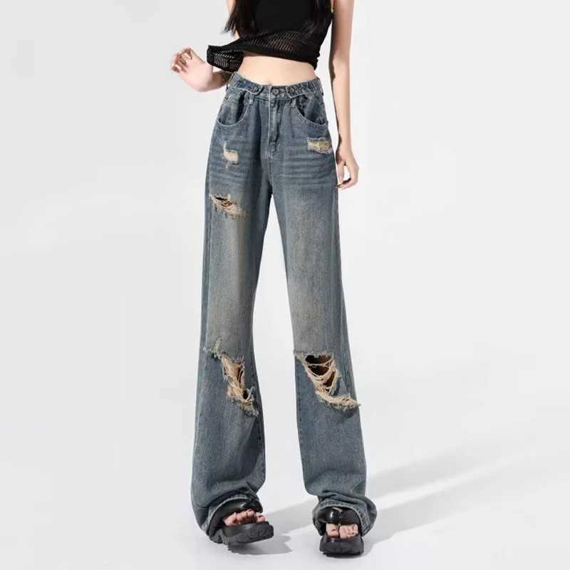 New Blue Ripped s Straight Leg Jeans Female Korean High Waist Casual Denim Trousers Lady Fashion Designer Baggy Pants M260317