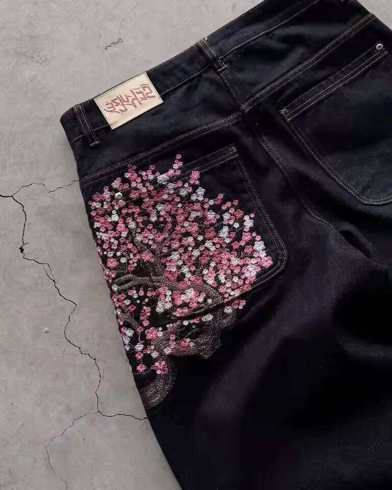 Gothic Jeans Y2K Clothes Men Women Harajuku Casual Sakura Embroidery Vintage Black Baggy Jean High Waist Wide Leg Trouser C260310