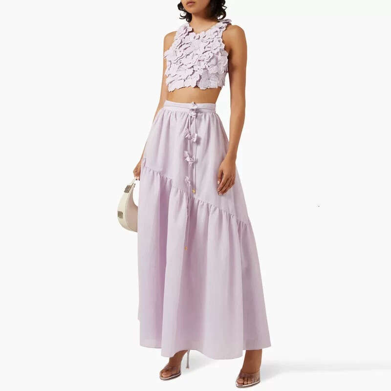 2026 new women's fashion brand designer three-dimensional flower vest high waisted long skirt vacation set