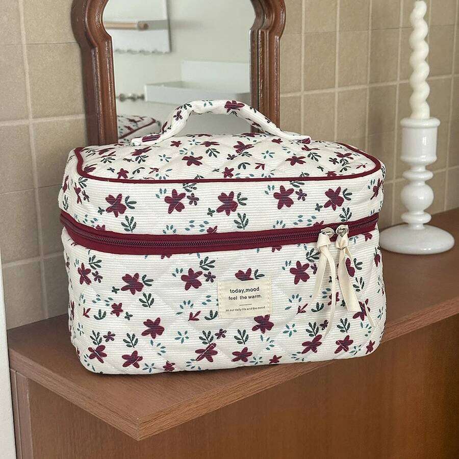 Fashion Red Floral Tote Women's Large Capacity Cosmetic Storage Handbag Ladies Corduroy Pouch Makeup Clutch Bag XJ260310
