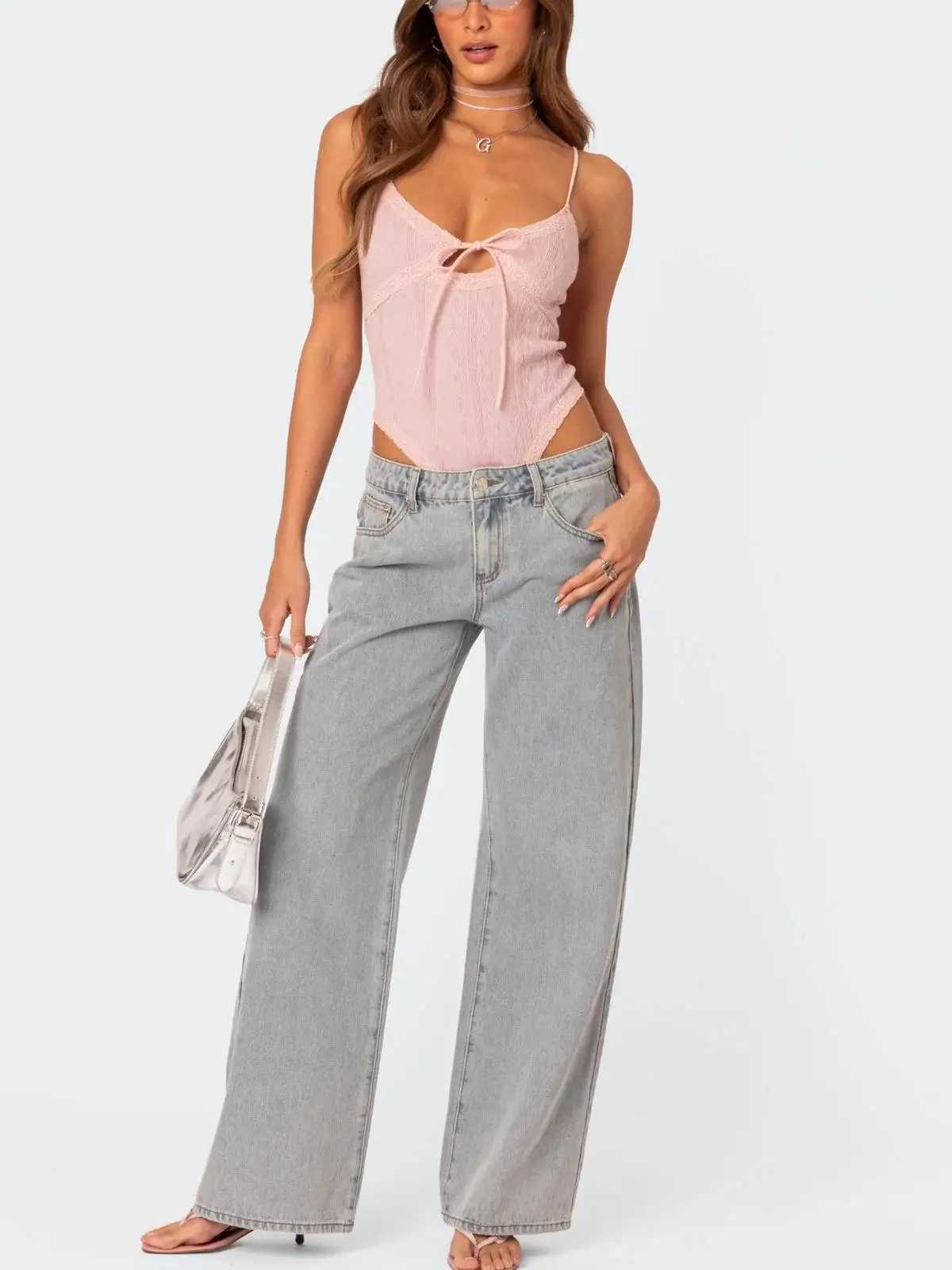 Europe and the United States casual comfortable simple style bow embroidery fashion straight leg retro blue jeans ins M260310