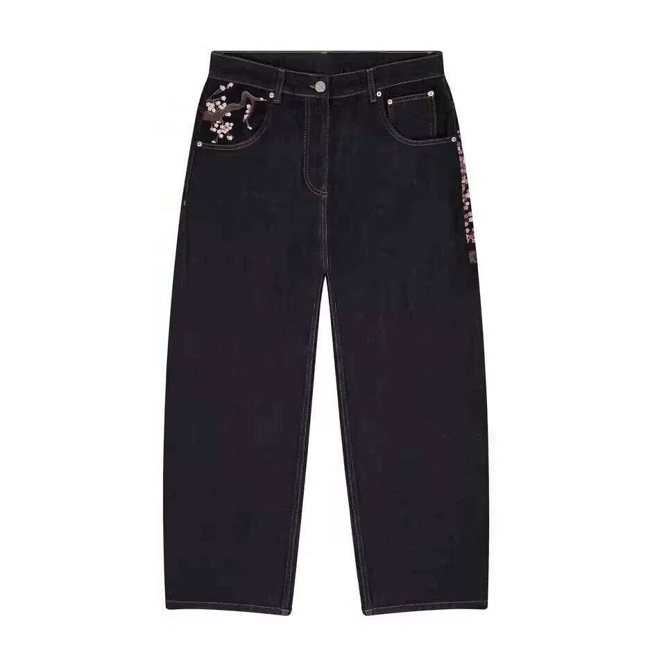 Gothic Jeans Y2K Clothes Men Women Harajuku Casual Sakura Embroidery Vintage Black Baggy Jean High Waist Wide Leg Trouser C260310