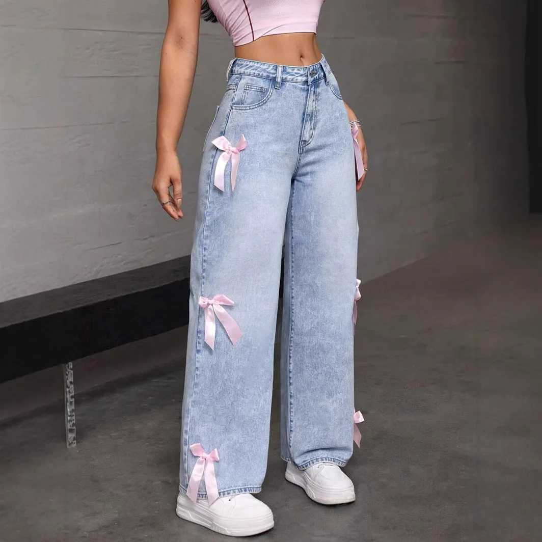 Women Jeans Wide Leg Pants Bow Washed High Waist 2025 Streetwear Denims Distressed Vintage Straight Ankle Length Trousers M260310