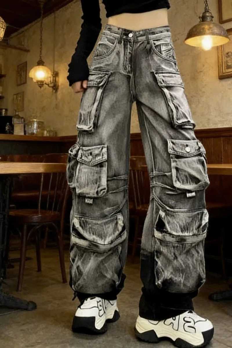 Women Y2k Jeans Fall Trendy Oversized Pocket Design Distressed Wash Vintage Cargo Jeans Loose Fit Denim Pants M260310