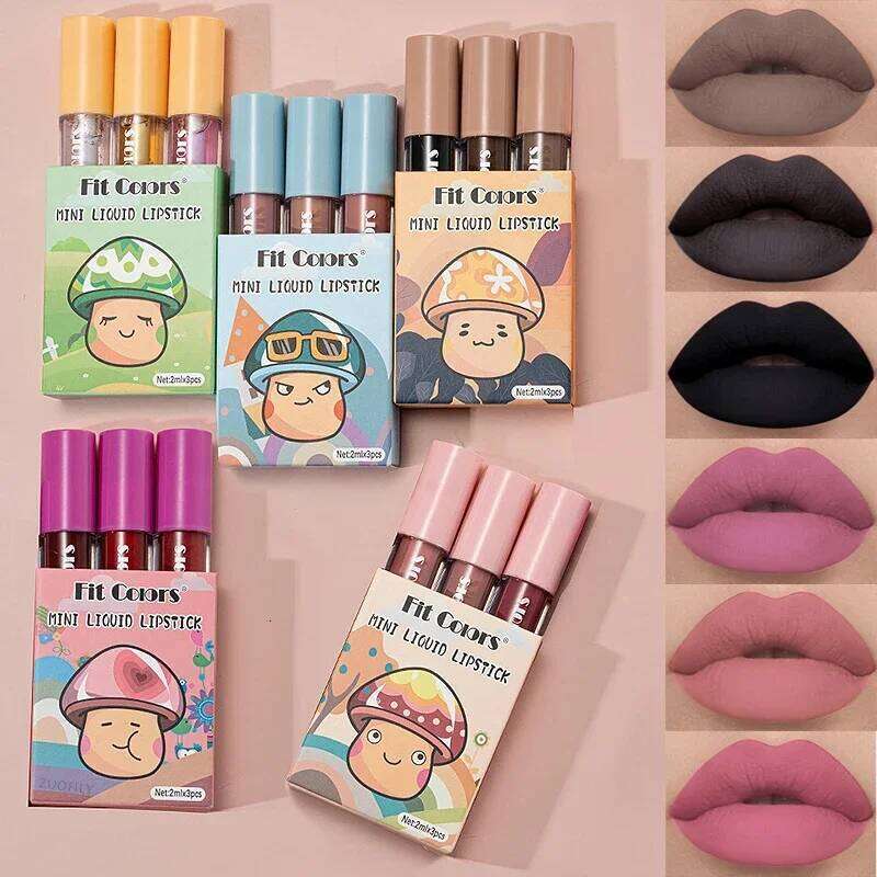 Cute Lipstick 3pcs/set Velvet Matte Waterproof Red Nude Black Stick Tint Makeup Mini Gloss Kit Plumping Lip Oil Set Z260310