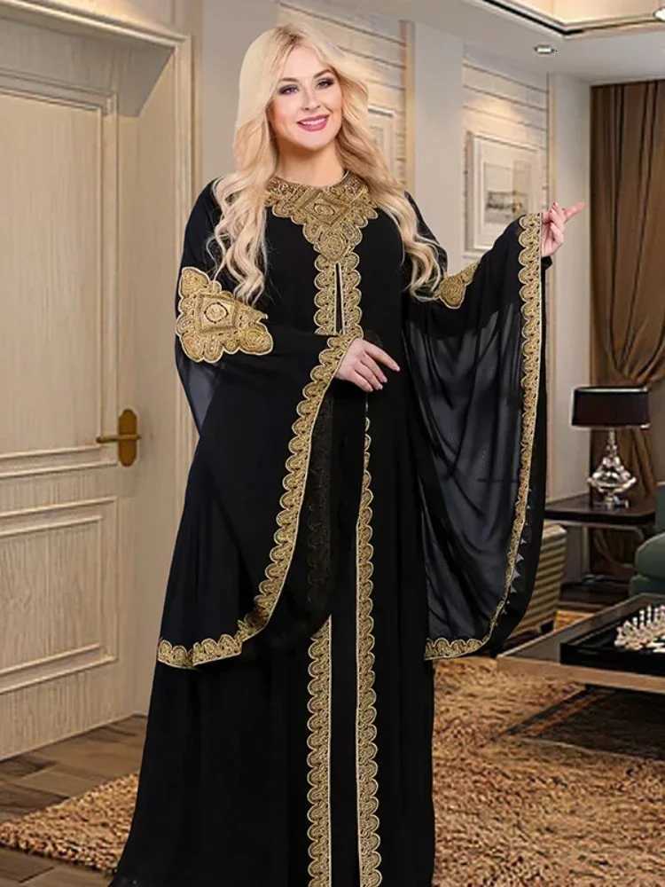 Women Abaya Party Dresses Muslim Caftan 2 Piece Set Eid Flare Slves Robe Embroidered Gold Lace Dress Suit Jalabiya Ramadan X260310