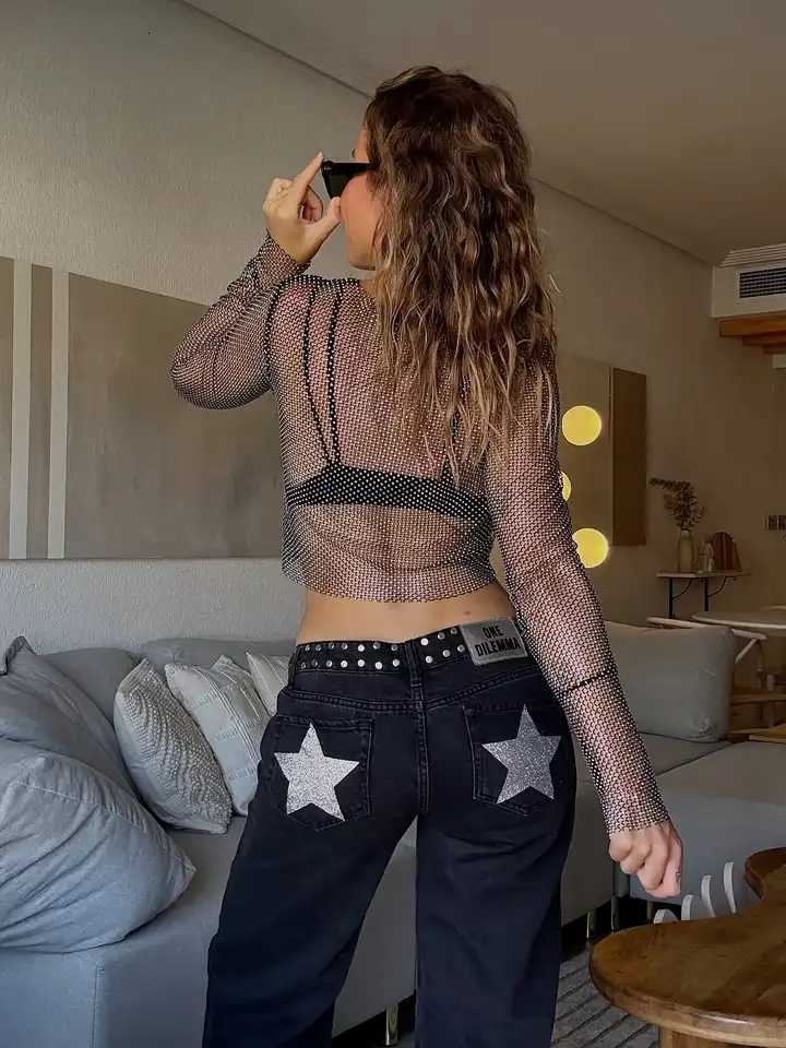 Back Sequin Star Long Pants Women Casual Contrast High Waist Loose Wide Leg Trousers 2026 Lady Spring Autumn Bottoms NewT260310