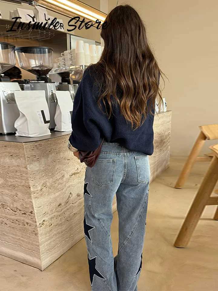 Fashion Womens Diamond Star Blue Jeans High Waist Pockets Zipper Wide Leg Denim Pant 2026 Spring Lady Street All-match TrouserT260310
