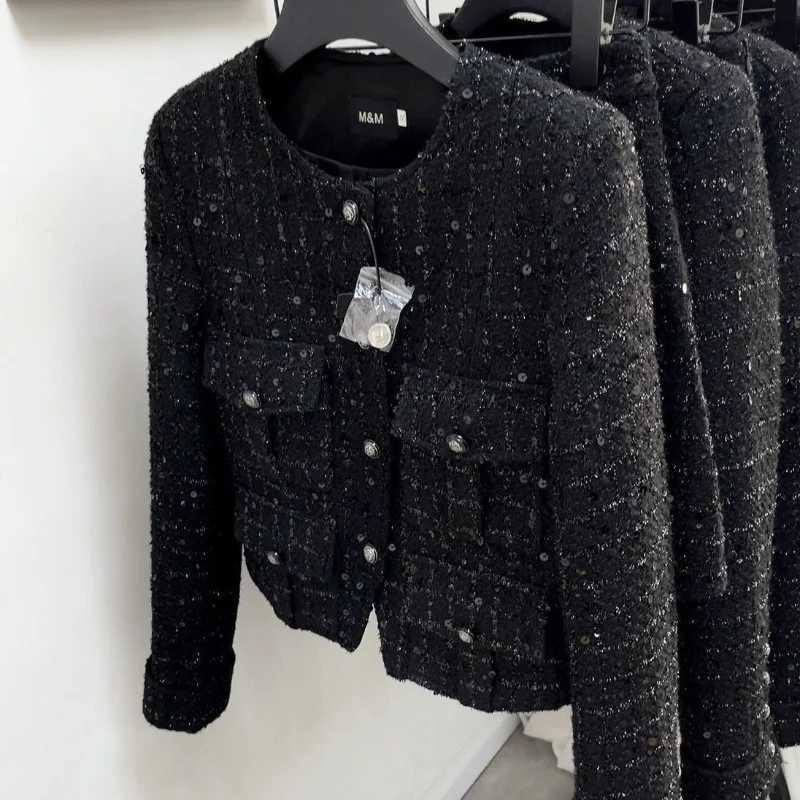 Black Sequins Wool Tweed O Neck Short Coat Small Fragrance Casual Fashion Pockets Korea Chic Daily Women Jacket Autumn WinterT260310