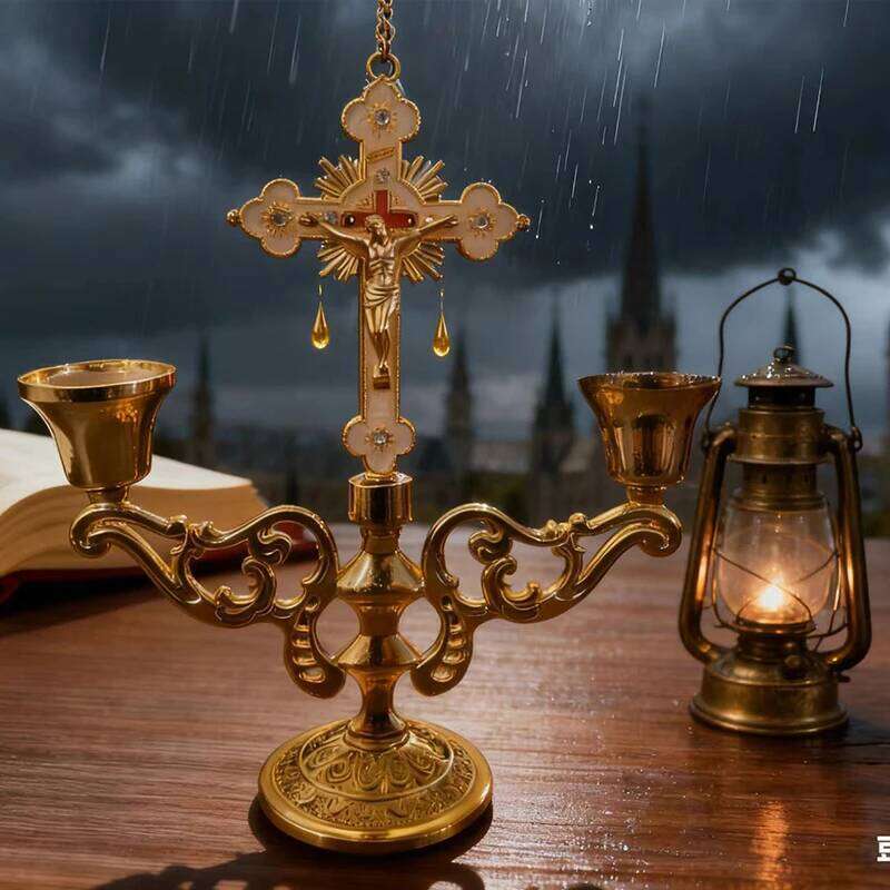 Christian Catholic Sacred Crucifix Table Stand Candlestick with Handle Metal Tabletop Candle Holder Home Furnishing Desk Gift H260310