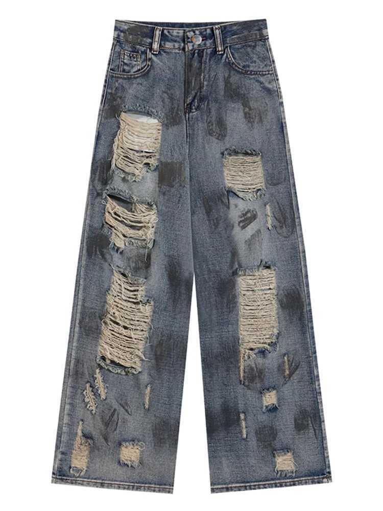 Oversize Blue Ripped Old Hot Y2k American RETRO High Waist Fashion Men And Women Hip Hop Straight Loose Wide Legs Jeans M260310