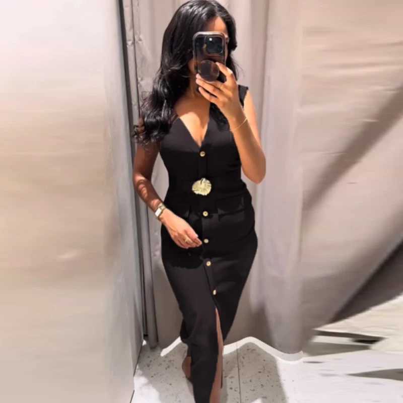 HXAO Womens Dresses Midi Black Dress Summer 2025 Elegant Casual Female Belt Button Slveless Long Dresses Chic Resort Vestidos X260310
