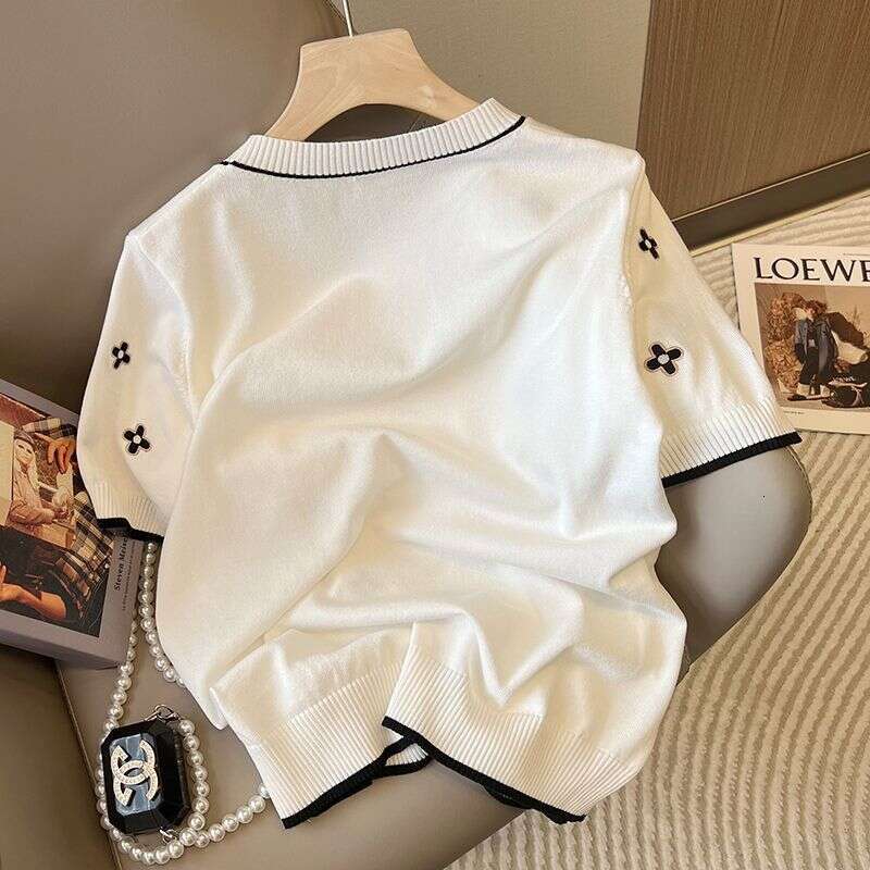 Summer New Fashion Simple Jacquard Short-Sleeve Knit Top, Korean Style Loose Round-Neck Thin Ice Silk Shirt