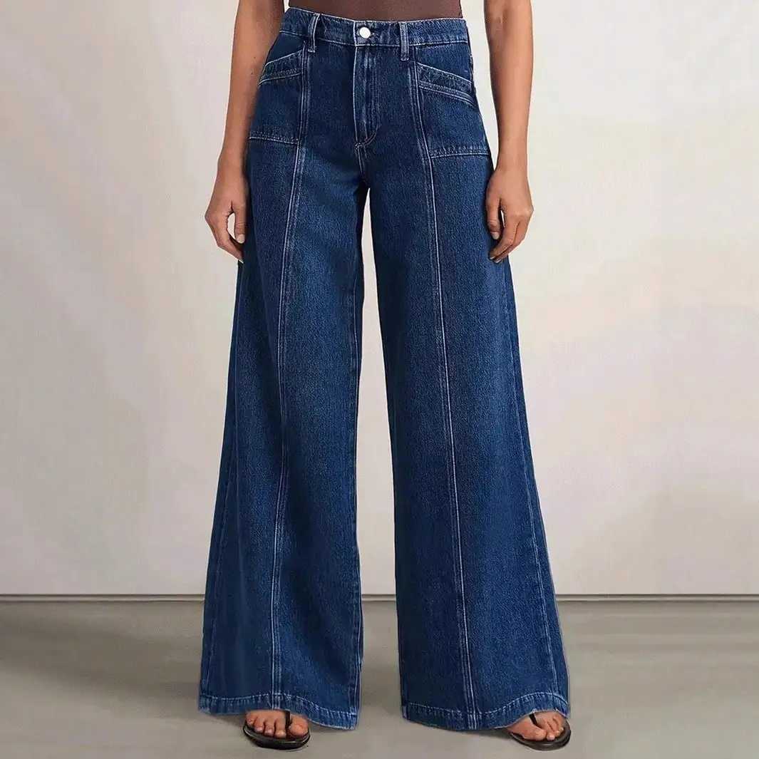 Womens Deep Blue Wide Leg Jeans - Stylish Denim Trousers for Comfort and Versatility M260310