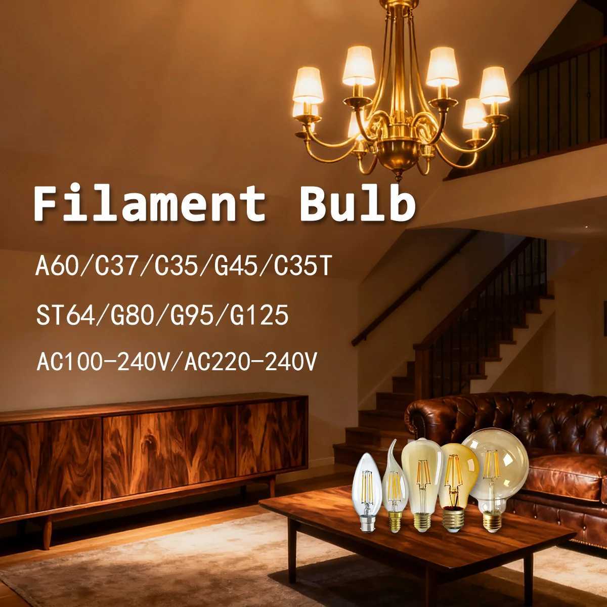 3pcs Retro Led Light Bulb E27 B22 E14 C35 A60 ST64 AC220-240V Edison Filament Bulb Vintage Warm Glass Lamp Lighting Indoor light H2603101