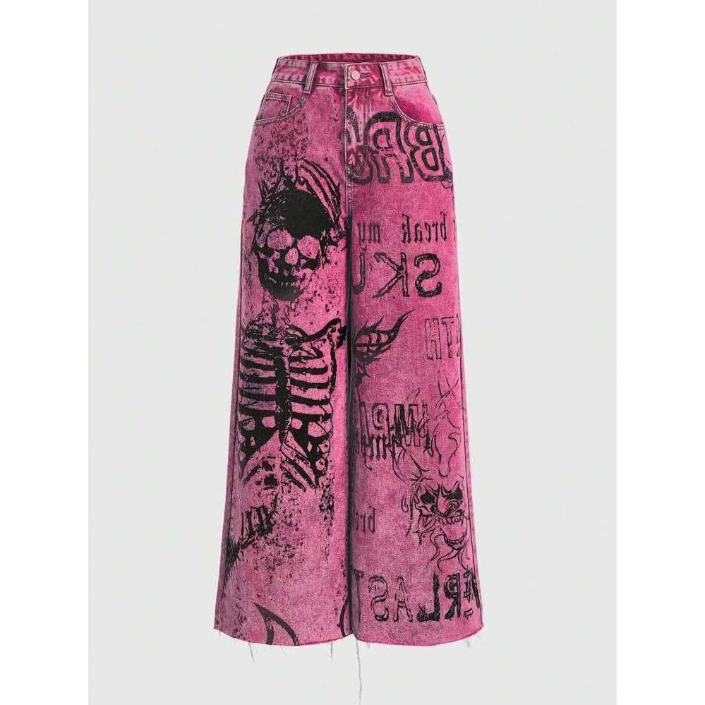 Pink Y2K Grunge Baggy Vintage Gothic Graffiti Skull Print 3D Lettering High Waist Wide Leg Pants Punk Fashion Streetwear M260310