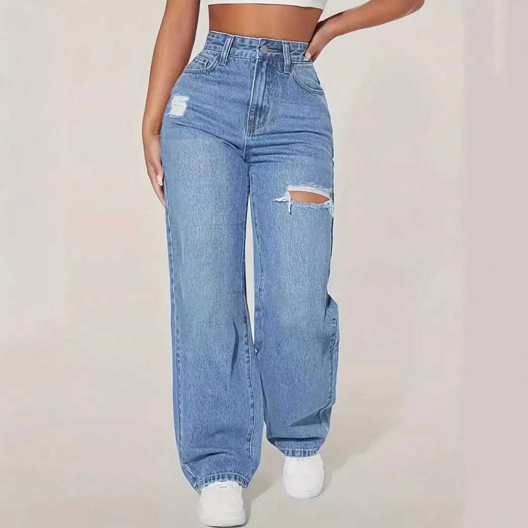 Mom Jeans Women Denim Pant Wide Leg Long Pants Hole High Waist Straight Trousers Y2k Streetwear Work Splice Casual 2025 Punk M260310