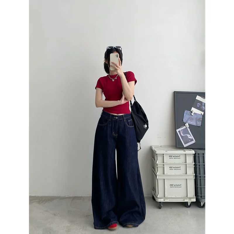 Blue Womens Jeans High Waist Vintage Straight Summer Y2K Classic Denim Pants Streetwear American Wide Leg Baggy Denim Trouser M260310