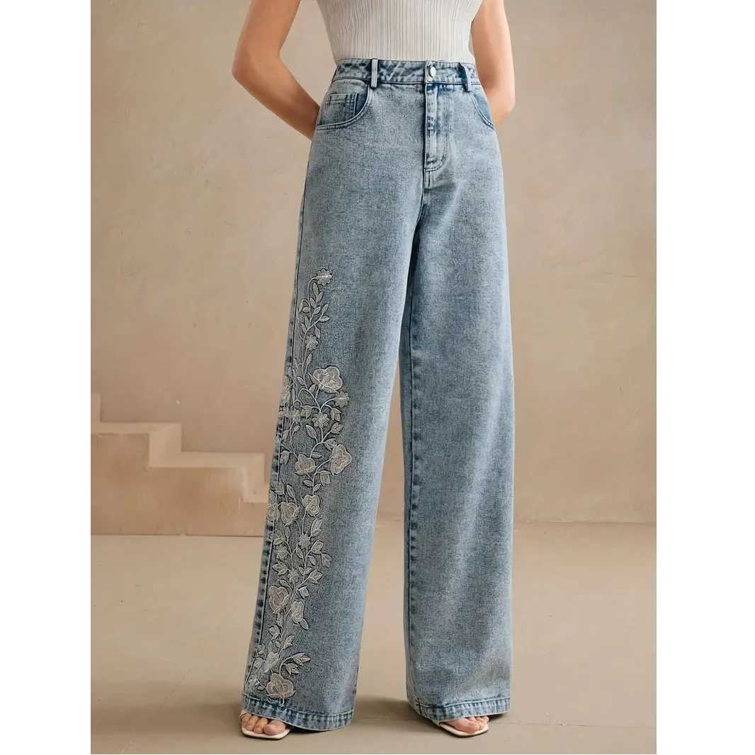 Y2k Pants New 2025 Trend Jeans for Woman Plus Size Comfort Stretch Washed Denim Embroidery Design Fashion Straight Leg M260310
