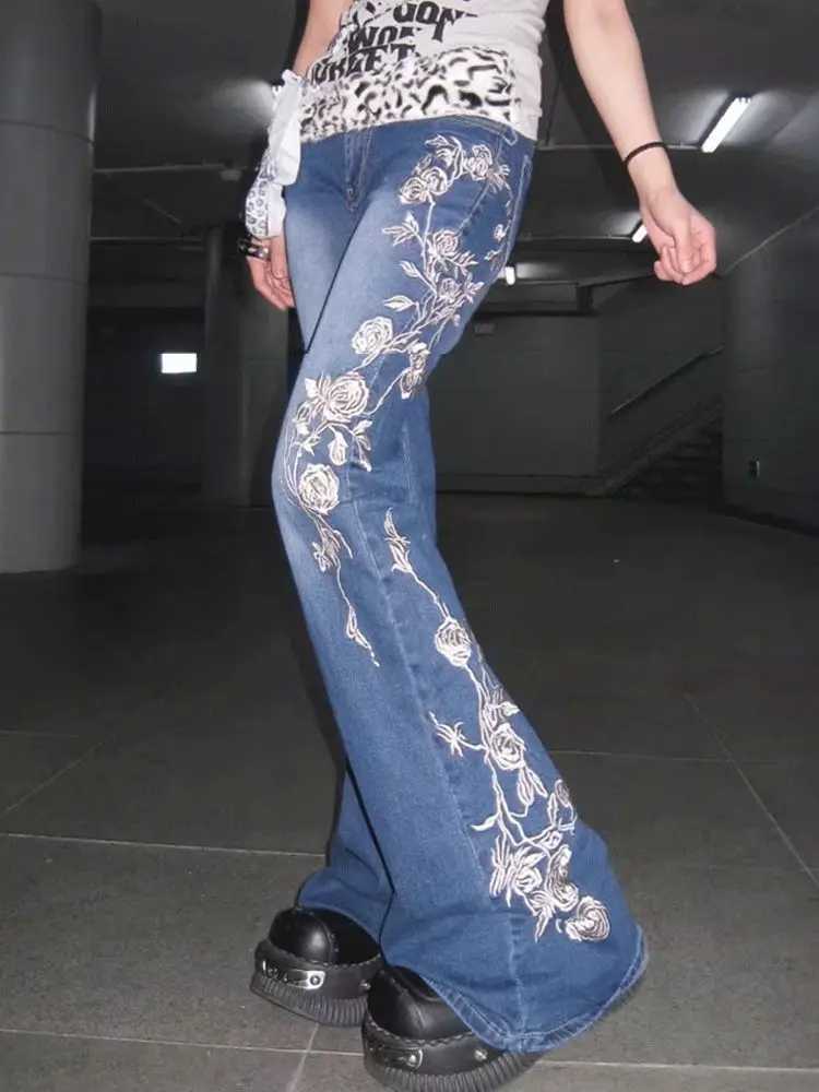 Womens American Retro High Street Flare Jeans Delicate Rose Embroidery Slim Fit Wide Leg Denim Pants with Flattering Silhouette M260310